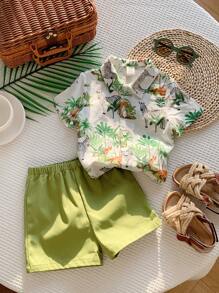 SHEIN 2pcs Set Baby Boy/Girl Casual Daily Cute Allover Print Coconut Tree & Animal Pattern Drop Shoulder Loose Fit Round Neck Top Shirt And Elastic Waist Shorts Set, Suitable For Spring/Summer, Home, Outing, Vacation, Beach