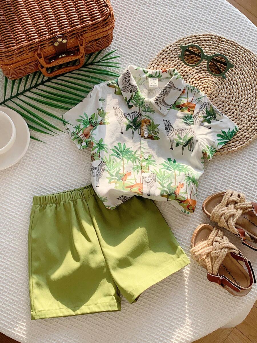 SHEIN 2pcs Set Baby Boy/Girl Casual Daily Cute Allover Print Coconut Tree & Animal Pattern Drop Shoulder Loose Fit Round Neck Top Shirt And Elastic Waist Shorts Set, Suitable For Spring/Summer, Home, Outing, Vacation, Beach