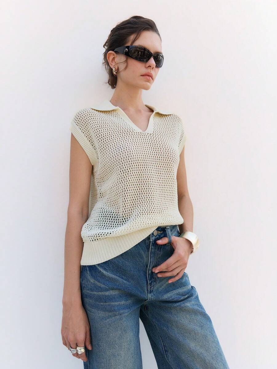 LYSMO Ladies Spring And Summer Lapel Hollow Knitted Short-Sleeved Tops, Summer Fashion Holiday Style, Simple Commuting, Suitable For Daily Wear Summer Clothes Women Tops Knit Tops Knitted Tops For Women Women Clothing Summer Tops - Apricot - View 1
