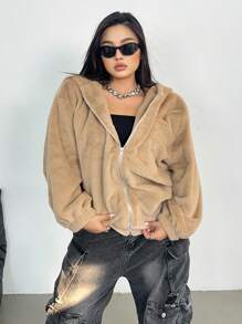 SHEIN POPSWAY 大码休闲纯色连帽羊毛夹克，秋冬 - 卡其色 - 查看 3