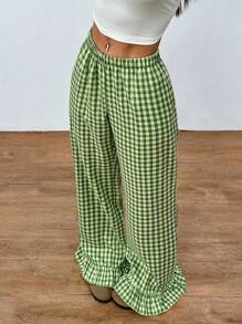 Flirla Women's Casual Green Plaid Linen Patchwork Ruched Hem Low-Waisted Side Pockets Straight Loose Pants, Minimalist Elegant Design For Spring/Summer Fall Cloth For Women