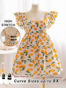 SHEIN CURVE+ 大码女式柠檬水果印花甜心领泡泡袖 A 字迷你连衣裙，夏季波西米亚风度假风格