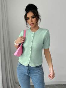 Gloray 新款休闲宽松粉色简约纽扣针织套头衫女式短袖秋冬