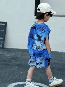 2pcs Kids Young Boys Leisure Japanese And Korean Academy Comfortable, Fashionable, Simple, Practical, Versatile Cartoon Anime Printed Loose Tank Top And Shorts Two Pieces Set, Suitable For Outdoor Play, School, Street Photography, Party And Home Leisure, Suitable For School, Sports, Vacation, Home And Outdoor, Suitable For Spring And Summer Seasons