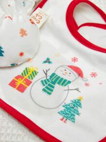 Cozy Pixies 5pcs/Set Baby Girl Christmas Element Pattern Contrast Color Romper, Pants, Hat, Gloves, Bib Gift Box Set