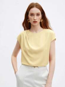 BizChic Women's Solid Color Round Neck Ruffle Decor Loose Cap Sleeve Top, Basic Urban Commute Style, Simple Elegant Fashion Business Casual, Suitable For Teachers And Office Wear