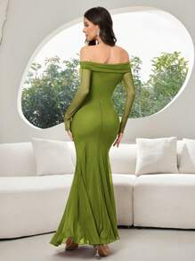 Modelyn Women's Elegant Olive Green Mermaid Long Dress With Off-The-Shoulder Neckline And Wrist-Length Sleeves - Green - View 2