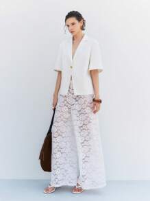 LYSMO Women Solid Color Lapel Neck Half Sleeve Single-Button Loose Casual Blouse - White - View 6