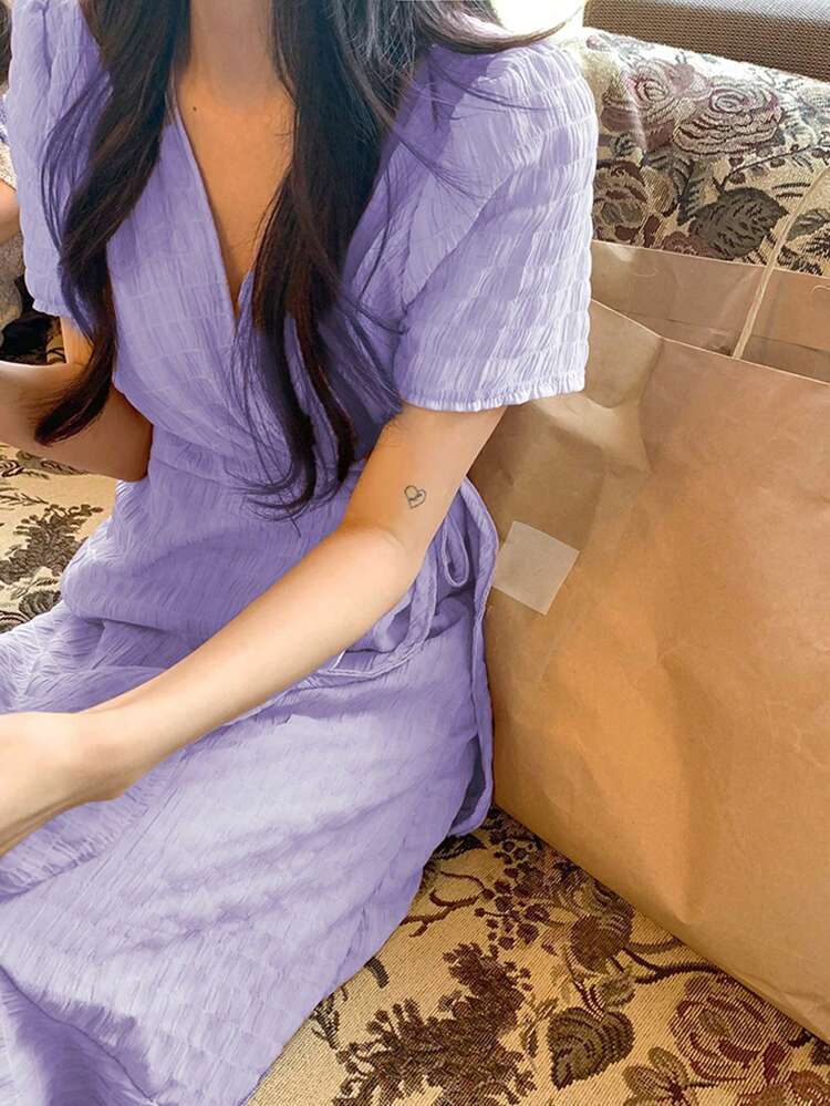 Women's Plain Textured Fabric Bubble Sleeves Asymmetric Hem Midi Dress With Patchwork & Ruffle Trim,Casual Women Dresses