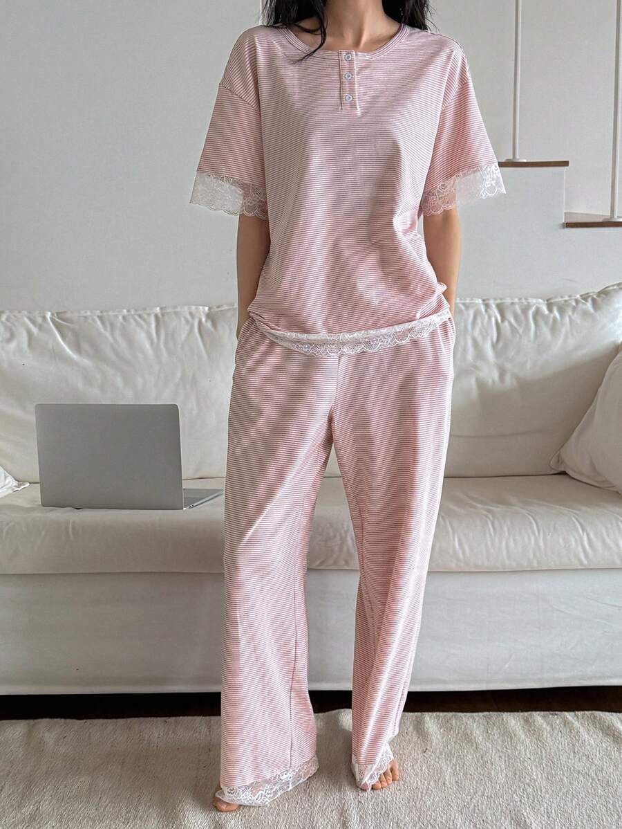 2pcs Striped Loose Short Sleeve Women Pajama Set - Pink - View 1