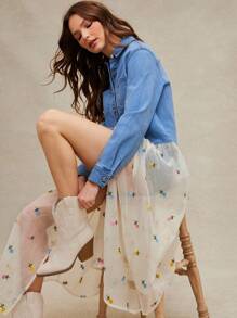 WESTFADE Western Cowgirl Mixed Media Denim & Spring Floral Embroidered Sheer Woven Collared Button Front Long Sleeve Maxi Shirt Jacket Summer Beach Vacation - Light Wash - View 1