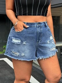 SHEIN ICON 大码女式休闲口袋磨破洗水牛仔短裤 - 深色水洗藍 - 查看 5