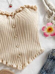 Soleia 女士纽扣设计休闲荷叶边下摆针织吊带背心 - 米色 - 查看 6