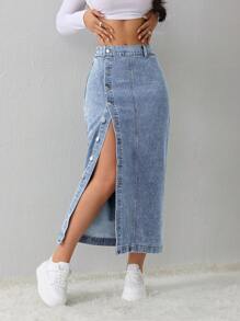 SHEIN Tall Falda vaquera de mujer, casual y holgada, con abertura lateral, azul, midi, para mujeres altas, falda azul claro, falda azul, ropa de invierno para mujer