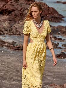 SHEIN LUNE Women's Elegant Solid Color Hollow-Out Long Dress, Summer - Yellow - View 4