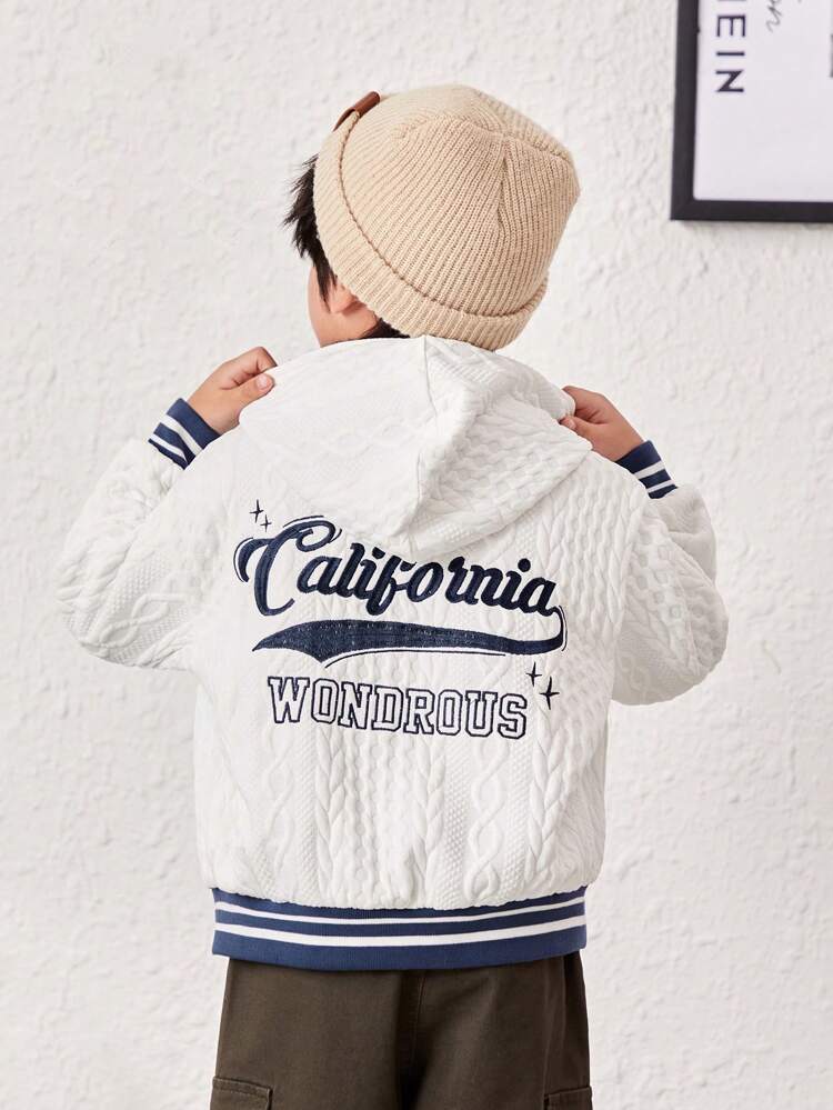 Young Boy Slogan Graphic Striped Trim Hooded Jacket