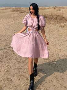 DAZY Women's Round Neck Waist Cinched Hollow Out Puff Sleeve Mid-Length Dress,Ruffle - Pink - View 7