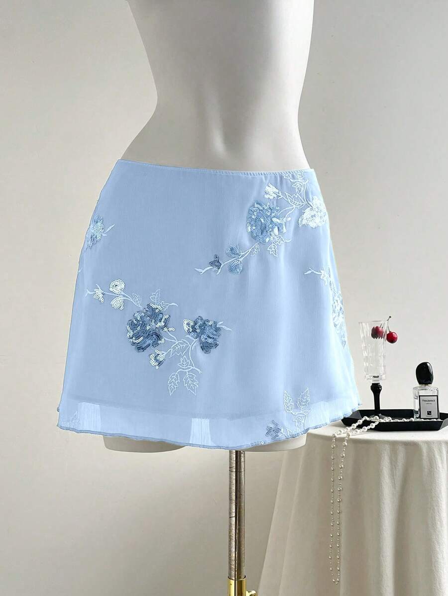 Flirla Neo-Traditional Sexy Sheer Embroidered Green Mini Umbrella Skirt For Women - Blue - View 1