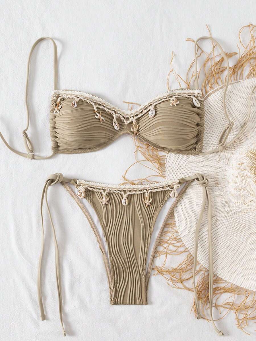 SHEIN Swim Women Seashell Print Textured Fabric Tie-Up Bikini Set, Beach Party Style For Summer Holiday - Khaki - View 1
