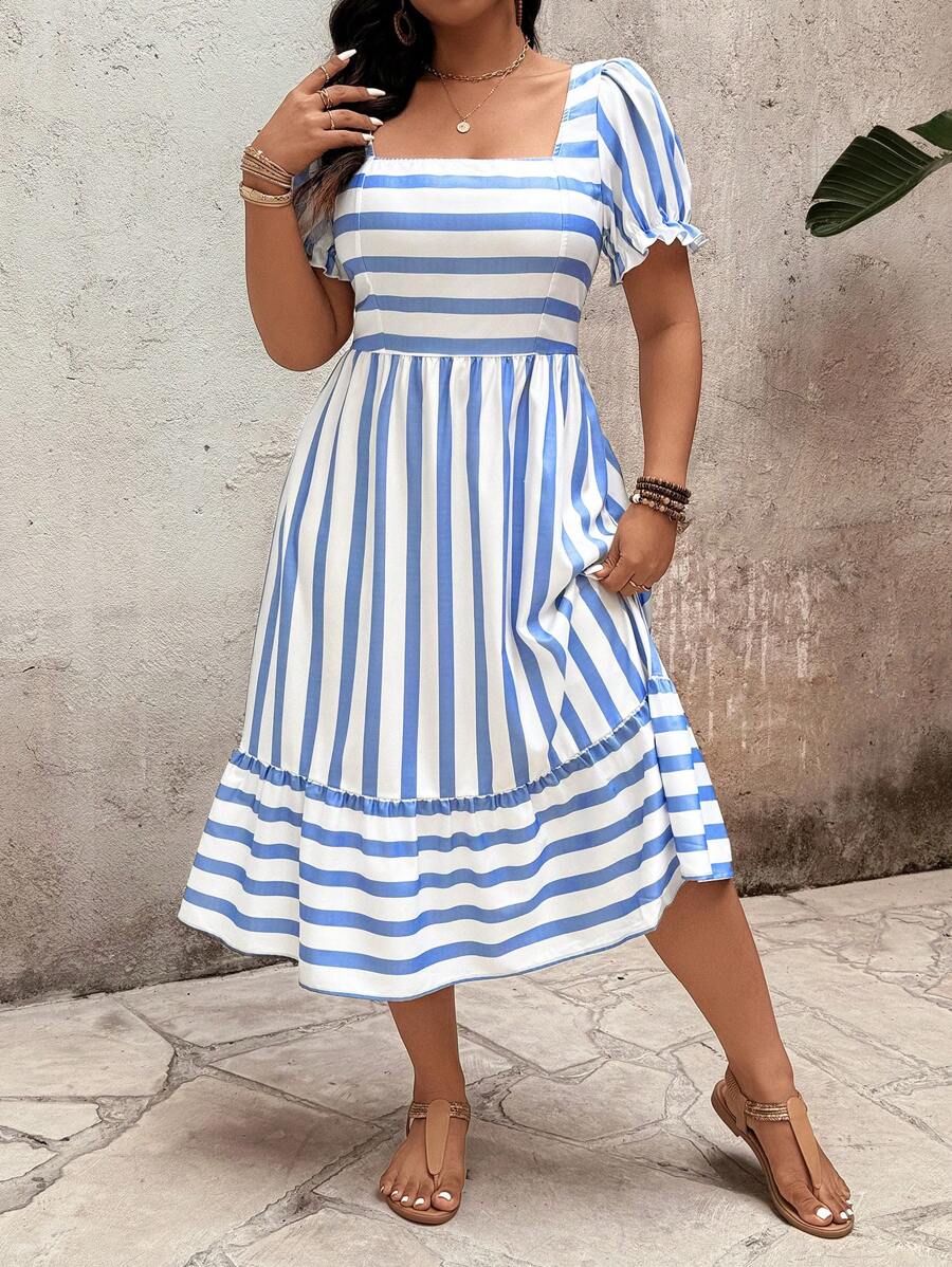SHEIN Clasi Elegant Pattern Plus Size Women Long Dress, Spring/Summer - Blue and White - View 1