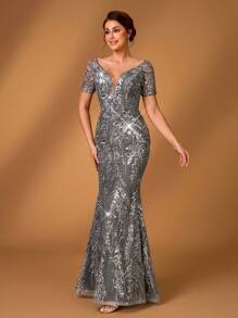 Serin Spring And Summer Elegant Romantic Dark Gray Sequins Positioning Embroidery One Shoulder Short Sleeves Slim Fishtail Hem Suitable For Dinner Bachelorette Party Date Holiday Music Festival Dance Wedding Event Bride Mother Dress, Valentine's Day Mother Of The Bride Dress - Chic Modest Lace Dress For Special Day - Grey - View 4