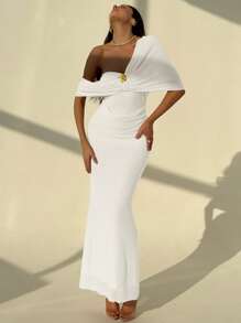 Aloruh Women's Metal Floral 3D Decor Draped Elegant Dress