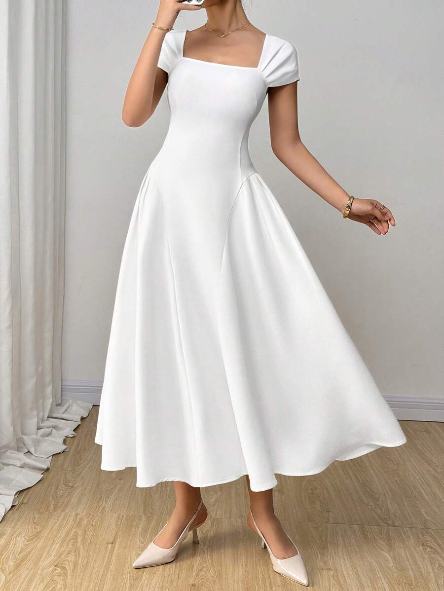 Firerie Vestido de unicolor elegante con cintura ceñida, conjuntos de verano para mujeres, atuendos de vacaciones en la playa, vestido de graduación/blanco, vestido de fiesta, atuendos de brunch para mujeres, vestido de invitada de boda - Blanco - Ver 1
