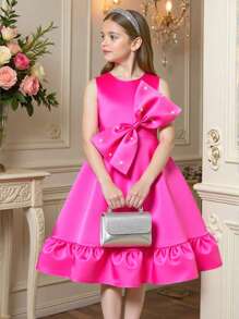 1 件 Tween Girls 优雅伴娘礼服，红色串珠大蝴蝶结公主薄纱礼服，适合主人 - 玫紅色 - 查看 1