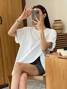 DAZY 女士休闲纯色侧开衩宽松短袖 T 恤 - 白色 - 查看 3