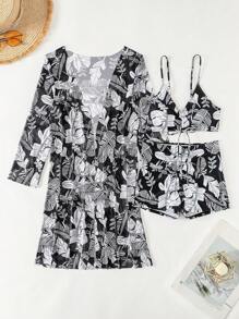 Swim Mod Bộ bikini in họa tiết cây nhiệt đới dành cho nữ kèm áo choàng kimono, trang phục đi biển mùa hè - màu đen - Xem 2