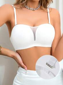 NudeFit 1pc Seamless Solid Color Wireless Adjustable Strap Removable Padded Net Insert Women Wedding Casual Comfort Bra - White - View 1