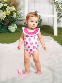 Baby Girls Cute Strawberry Print Ruffled One Piece Swimsuit,Backless Bow Embellished Swimsuit - Pink - View 3