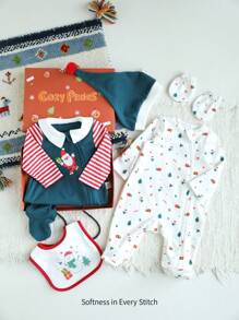 Cozy Pixies 5pcs/Set Baby Girl Christmas Element Pattern Contrast Color Romper, Pants, Hat, Gloves, Bib Gift Box Set
