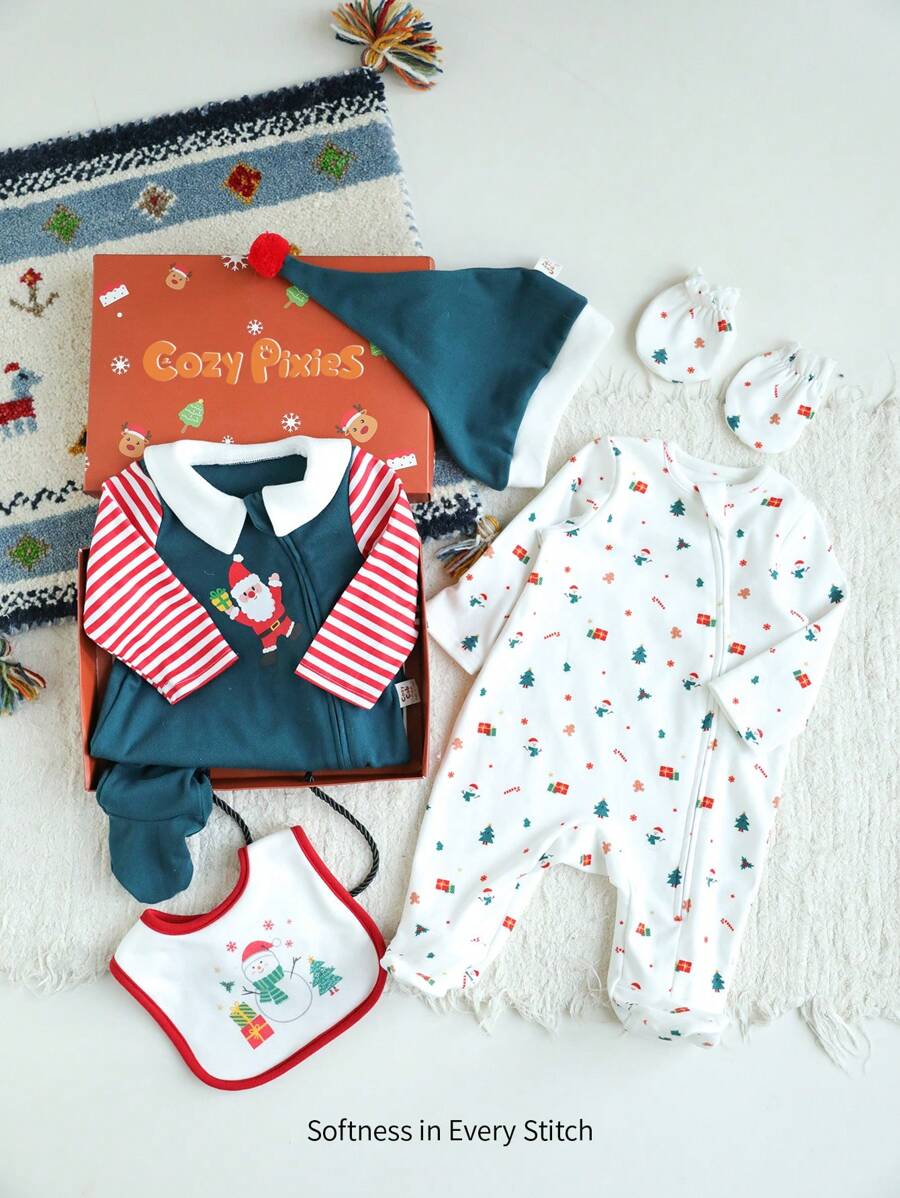 Cozy Pixies 5pcs/Set Baby Girl Christmas Element Pattern Contrast Color Romper, Pants, Hat, Gloves, Bib Gift Box Set