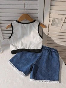 Ensemble de tenue décontractée style coréen pour jeune fille : Débardeur court imprimé nœud et fleurs (parfum de menthe) + short en jean patchwork à jambes larges, ensemble 2 pièces pour l'été - Noir et Blanc - Voir 2