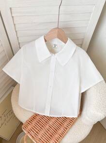 SHEIN Blusa de manga corta de tejido sencillo informal para niñas preadolescentes