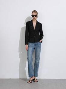 Lumivelle 女士时尚收腰翻领长袖办公夹克 - 黑色 - 查看 3