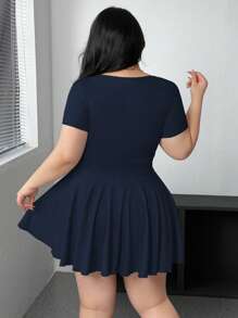 Flirla New Casual Versatile Gray Slim-Fit Short Sleeve A-Line Mini Dress, Cinched Waist & Pleat Design, Flattering - Navy Blue - View 2