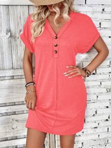 SHEIN LUNE Đầm nữ cổ chữ V tay ngắn cài nút màu trơn đa năng thường ngày - Màu Hồng  Dưa hấu - Xem 3