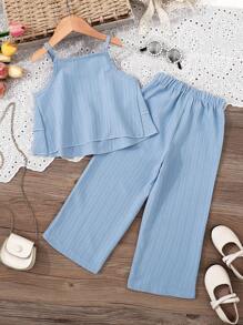 SHEIN 2pcs/Set Young Girls Fashionable Ruffle Strap Top And Pants Set, Comfortable Vacation Summer Outfit - Baby Blue - View 2