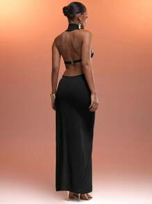 MUSERA High Neck Lightweight Knitted Fitted Low Back Maxi Dress With Split Sexy Ibiza Fits Spring Summer Vacation Beach Elegant,Summer Dresses For Women Concert Night Out Wedding Guest, Elegant , Halloween, Fall,   Party  Chic Holiday - Black - View 3