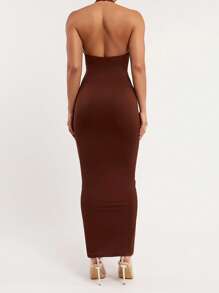 Silquee 女士纯色巧克力棕色露背休闲修身春夏性感连衣裙，柔软弹力亲肤面料，双层设计搭配特殊拼接工艺，国际认证安全，商务休闲女士，女士度假装，夏季服装，可爱夏季上衣，乡村演唱会装，节日装，女士基本装，办公室装，女士机场装，女士早午餐装，裸色连衣裙，露背连衣裙，海边度假装，女士基本装，家居服 - 巧克力棕 - 查看 2