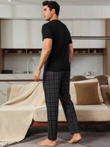 SHEIN 男士格子口袋短袖睡衣套装 - 黑色 - 查看 2
