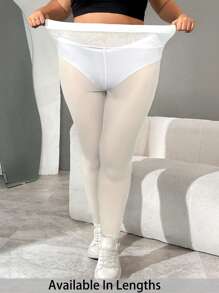 SHEIN PETITE CURVE Plus Size Sheer Mesh Leggings, Solid Color, Fashion, Suitable For Summer - White - View 1