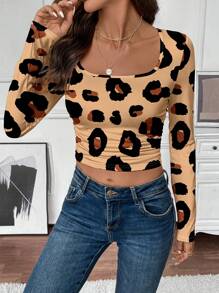 SHEIN LUNE 女士休闲修身豹纹方领长袖 T 恤，适合作为秋冬季内衣 - 彩色 - 查看 4