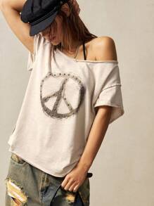 Bohemela Áo thun nữ tay ngắn cổ tròn màu trơn hở vai mùa hè lễ hội âm nhạc Phục sinh - Màu be - Xem 2