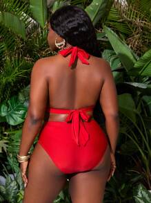 Slaydiva Plus Size Women 2pcs Swimwear Set, Color Blocked Deep V-Neck Halter Top, High Waist Slimming Hipster Bottom, Sexy Fashion Beach Vacation Bikini For Summer - Red - View 2