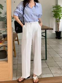 DAZY 女士百搭宽松直筒裤，春夏季西装裤 - 白色 - 查看 2