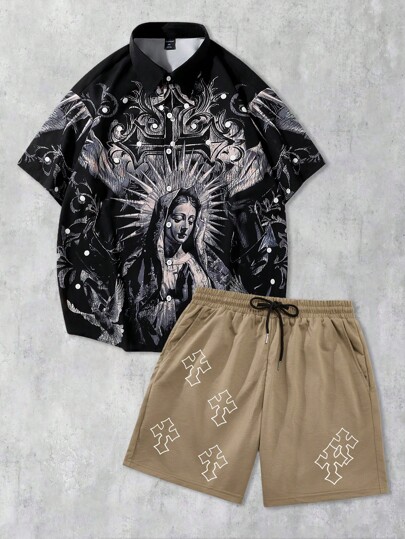 Goth Herren Lässig Set aus Hemd mit Motiv der Heiligen Maria und Kreuz sowie Shorts, Sommer