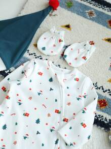 Cozy Pixies 5pcs/Set Baby Girl Christmas Element Pattern Contrast Color Romper, Pants, Hat, Gloves, Bib Gift Box Set